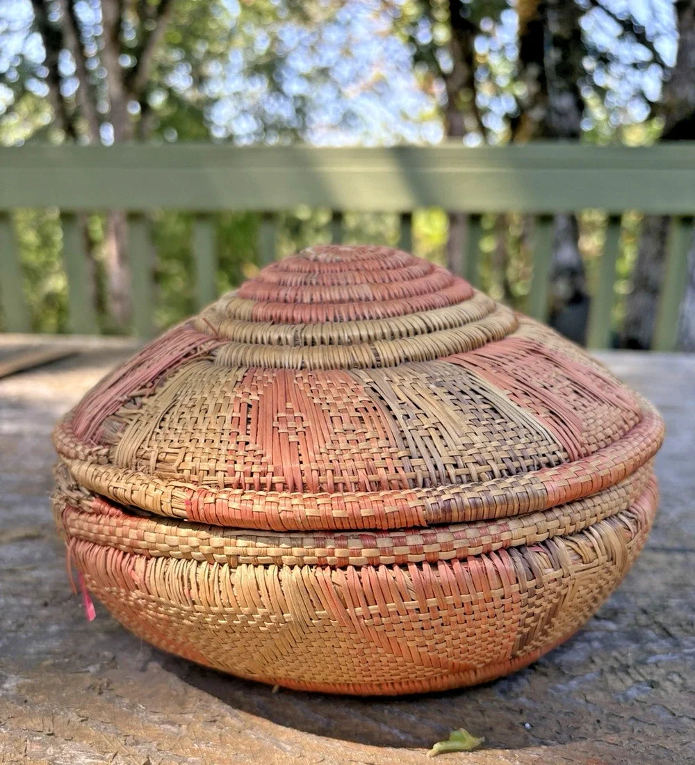 Beautiful Handmade Boho Style Vintage Handwoven Spiral Basket Colorful Old Pink